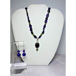Amethyst & Peridot Bead and Pendant Necklace & Earring Set, Silver 925 (0123)